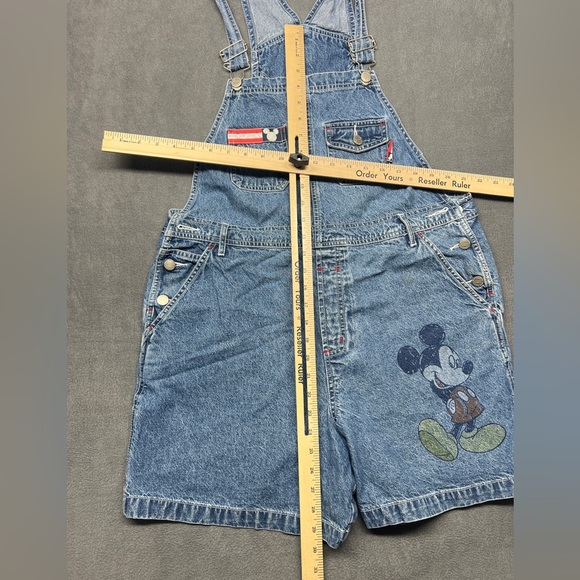 Mickey Mouse Denim Overall Bib Shorts Sz L USA Theme Blue Big Mickey Graphic - Picture 10 of 16